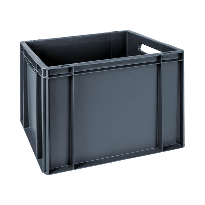 Grey plastic stackable euro storage container on a plain white background. 15 litre capacity. 400 x 300 x 325 mm. 