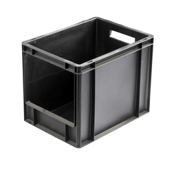 Grey plastic stackable open fronted euro storage container on a plain white background. 30 litre capacity. 400 x 300 x 320 mm. 