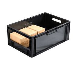 Grey plastic stackable open fronted euro storage container on a plain white background, propped with cardboard boxes stored within. 47 litre capacity. 600 x 400 x 240 mm. 