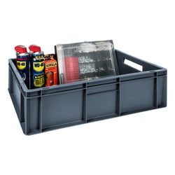 Grey plastic stackable euro storage container on a plain white background. 30 litre capacity. 600 x 400 x 170 mm. Filled with WD-40 cans Gorilla glue and  a plastic box of fixings.