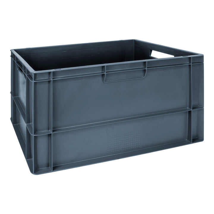 Grey plastic stackable euro storage container on a plain white background. 60 litre capacity. 600 x 400 x 320 mm. 