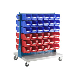 Topstore Louvred Panel Trolley Bin Kit, 011507A. Mobile Double Sided unit c/w 36x TC3 Red and 36x TC3 Blue.