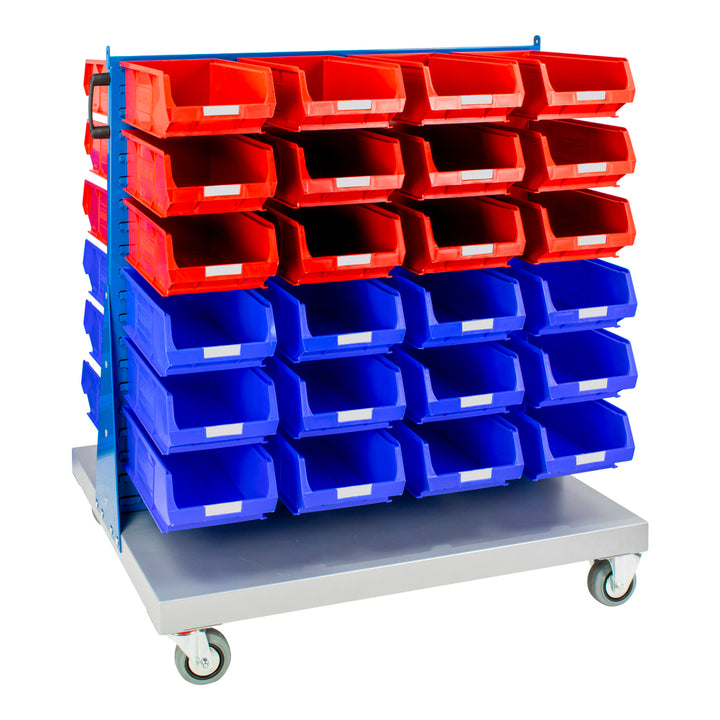 Topstore 011509A Louvred Panel Trolley Bin Kit, mobile double sided unit c/w 24x TC4 Red Bins 24x TC4 Blue storage bins.