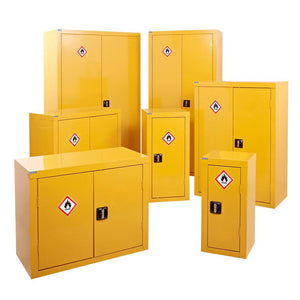 Hazardous Substance Cupboards in many sizes, floor, wall and wall mounted options, in yellow safety paint finish.