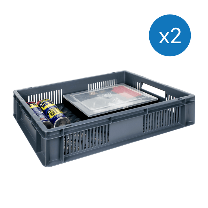 Grey plastic stackable  ventilated euro storage container on a plain white background. 20 litre capacity. 600 x 400 x 120 mm. 