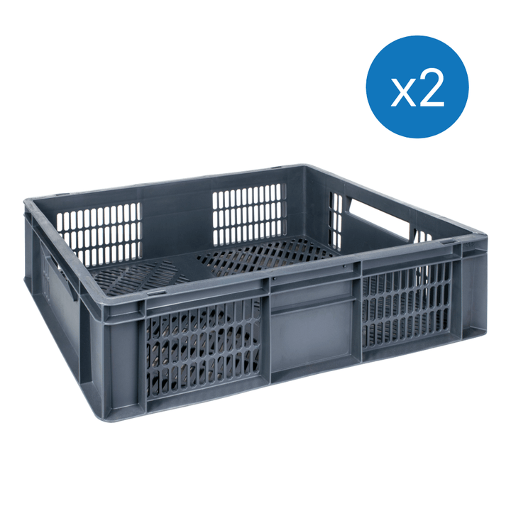 Grey plastic stackable  ventilated euro storage container on a plain white background. 27 litre capacity. 600 x 400 x 150 mm. 