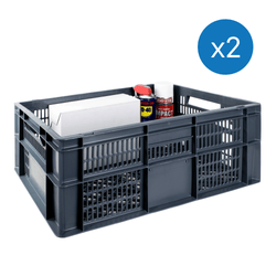 Grey plastic stackable  ventilated euro storage container on a plain white background. 47 litre capacity. 600 x 400 x 213 mm. Items inside the euro container give an idea of scale.