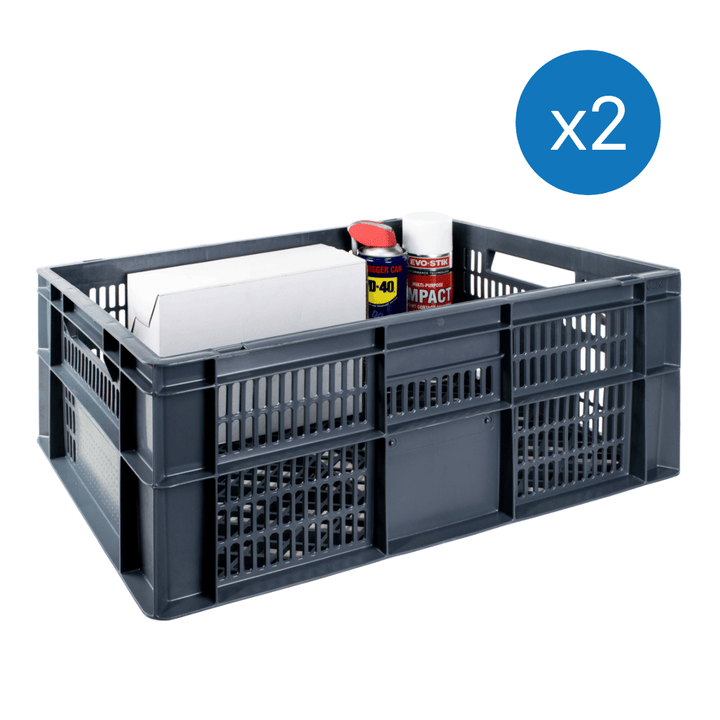 Grey plastic stackable  ventilated euro storage container on a plain white background. 47 litre capacity. 600 x 400 x 213 mm. Items inside the euro container give an idea of scale.