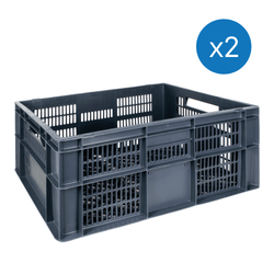 Grey plastic stackable  ventilated euro storage container on a plain white background. 52 litre capacity. 600 x 400 x 270 mm. 