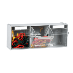Photo of a Size 3 Clearbox Tilt Bin units, strong case with clear ABS picking compartments. 3 boxes fixed together, transparent tilting fronts with card slot, suitable for food stuffs. Central box it slited open and both the middle and left hand side box are shown holding multicolour clips