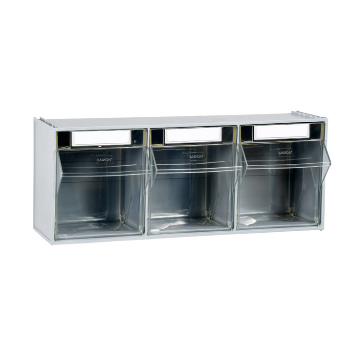 Photo of a Size 3 Clearbox Tilt Bin units, strong case with clear ABS picking compartments. 3 boxes fixed together, transparent tilting fronts with card slot, suitable for food stuffs