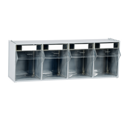 Photo of a Size 4 Clearbox Tilt Bin units, strong case with clear ABS picking compartments. 4 boxes fixed together, transparent tilting fronts with card slot, suitable for food stuffs. 