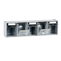 Photo of a Size 5 Clearbox Tilt Bin units, strong case with clear ABS picking compartments. 5 boxes fixed together, transparent tilting fronts with card slot, suitable for food stuffs. 2nd and 4th compartments are tilted open