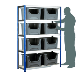 a 5 shelf shelving unit over a white background. horizontal shelves with polished metallic faces and a white surface and the unit uprights are blue. On the shelves are 8 grey space bin containers, 2 across per shelf with nothing on the very top shelf. A mans silhouette stands to the right of the shelving unit standing at the same height as the unit.