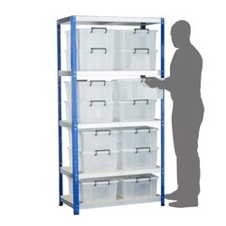 a 5 shelf shelving unit over a white background. Horizontal shelves with polished metallic faces and a white surface and the unit uprights are blue. On the shelves are 14 transparent plastic storage boxes with lids clipped into place by black handles, 2 across per shelf and stacked 2 high, with nothing on the very top shelf. A mans silhouette stands to the right and is lifting a box from the middle shelf.