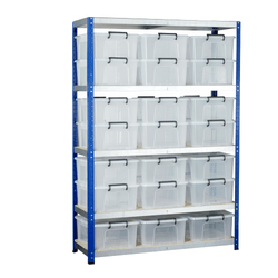 a 5 shelf shelving unit over a white background. Horizontal shelves with polished metallic faces and a white surface and the unit uprights are blue. On the shelves are 21 transparent plastic storage boxes with lids clipped into place by black handles, 3 across per shelf and stacked 2 high, with nothing on the very top shelf.