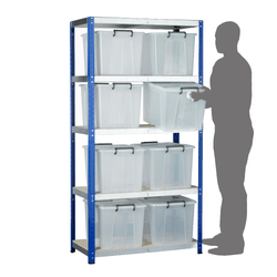 a 5 shelf shelving unit over a white background. Horizontal shelves with polished metallic faces and a white surface and the unit uprights are blue. On the shelves are 8 transparent plastic storage boxes with lids clipped into place by black handles, 2 across per shelf, with nothing on the very top shelf. A mans silhouette stands to the right and is lifting a box from the middle shelf.