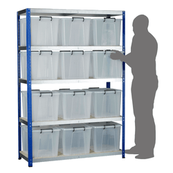 a 5 shelf shelving unit over a white background. Horizontal shelves with polished metallic faces and a white surface and the unit uprights are blue. On the shelves are 12 transparent plastic storage boxes with lids clipped into place by black handles, 3 across per shelf, with nothing on the very top shelf. A mans silhouette stands to the right and is lifting a box from the middle shelf.