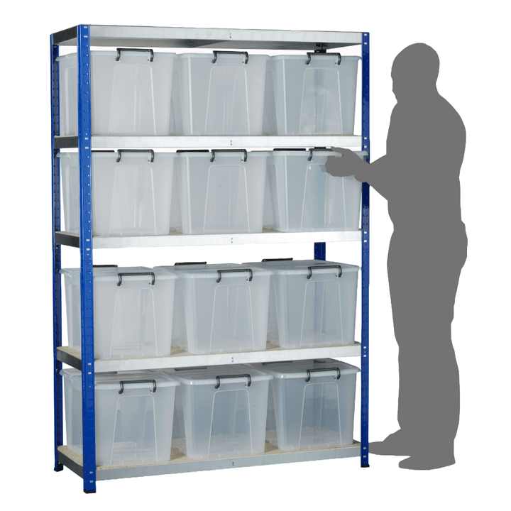 a 5 shelf shelving unit over a white background. Horizontal shelves with polished metallic faces and a white surface and the unit uprights are blue. On the shelves are 12 transparent plastic storage boxes with lids clipped into place by black handles, 3 across per shelf, with nothing on the very top shelf. A mans silhouette stands to the right and is lifting a box from the middle shelf.