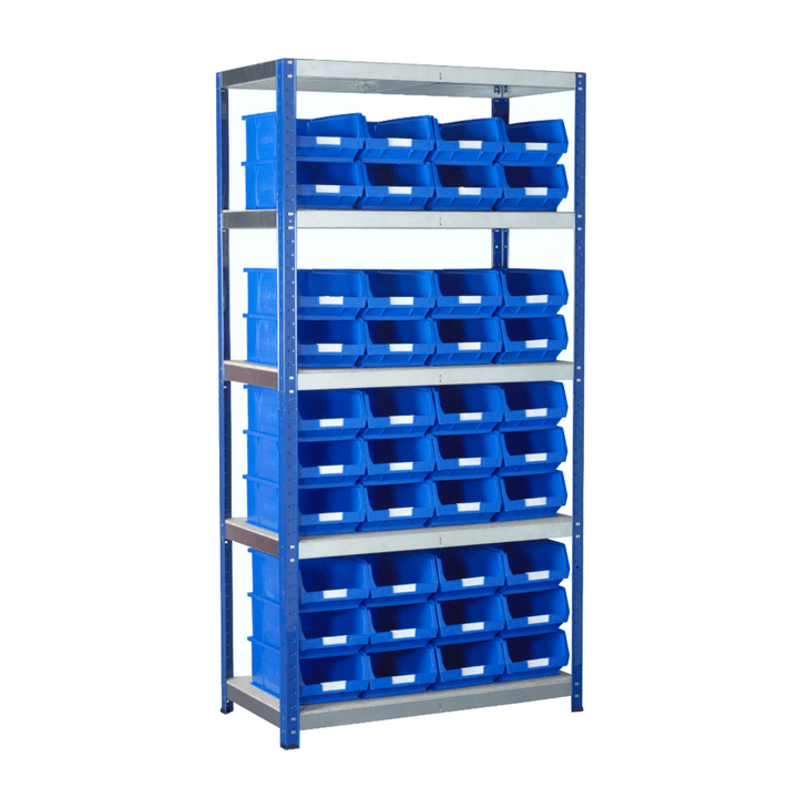 a 5 shelf shelving unit over a white background. horizontal shelves with polished metallic faces and a white surface and the unit uprights are blue. On the shelves are blue TC4 containers with white blank labels, 4 across and 2 up on each shelf with nothing on the very top shelf.