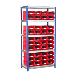 a 5 shelf shelving unit over a white background. horizontal shelves with polished metallic faces and a white surface and the unit uprights are blue. On the shelves are red TC4 containers with white blank labels, 4 across and 2 up on each shelf with nothing on the very top shelf.