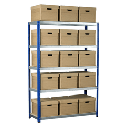 a 5 shelf shelving unit over a white background. Horizontal shelves with polished metallic faces and a white surface and the unit uprights are blue. On the shelves are 15 brown card archive storage boxes with lids, 3 across per shelf.