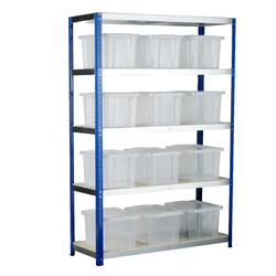 a 5 shelf shelving unit over a white background. Horizontal shelves with polished metallic faces and a white surface and the unit uprights are blue. On the shelves are 12 transparent plastic storage boxes with lids, 3 across per shelf with nothing on the very top shelf.