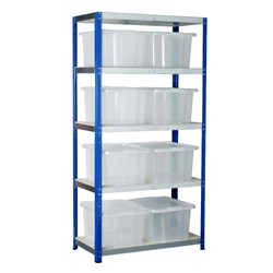 a 5 shelf shelving unit over a white background. Horizontal shelves with polished metallic faces and a white surface and the unit uprights are blue. On the shelves are 8 transparent plastic storage boxes with lids, 2 across per shelf with nothing on the very top shelf.