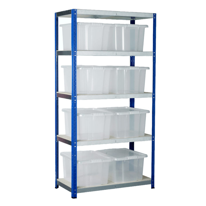 a 5 shelf shelving unit over a white background. Horizontal shelves with polished metallic faces and a white surface and the unit uprights are blue. On the shelves are 8 transparent plastic storage boxes with lids, 2 across per shelf with nothing on the very top shelf.