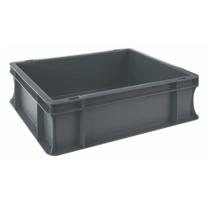 Grey plastic stackable euro storage container on a plain white background. 10 litre capacity. 400 x 300 x 120 mm
