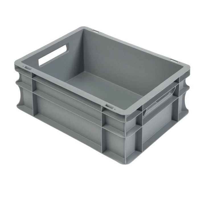 Grey plastic stackable euro storage container on a plain white background. 15 litre capacity. 400 x 300 x 170 mm