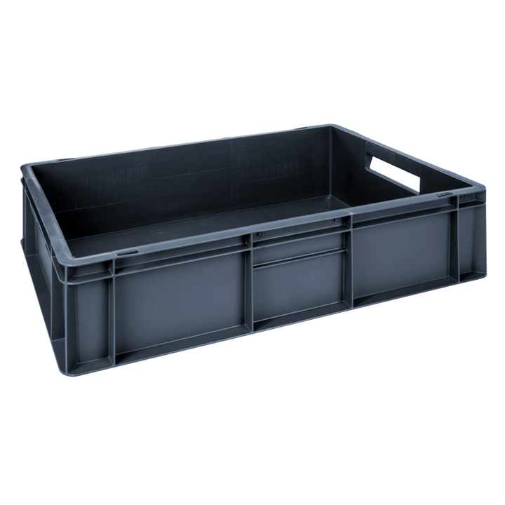 Grey plastic stackable euro storage container on a plain white background. 27 litre capacity. 600 x 400 x 150 mm. 