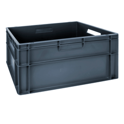 Grey plastic stackable euro storage container on a plain white background. 52 litre capacity. 600 x 400 x 270 mm. 