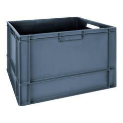 Grey plastic stackable euro storage container on a plain white background. 76 litre capacity. 600 x 400 x 400 mm. 