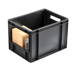 Grey plastic stackable open fronted euro storage container on a plain white background, propped with cardboard boxes stored within. 25 litre capacity. 400 x 300 x 270 mm. 