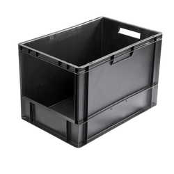 Grey plastic stackable open fronted euro storage container on a plain white background. 76 litre capacity. 600 x 400 x 400 mm. 