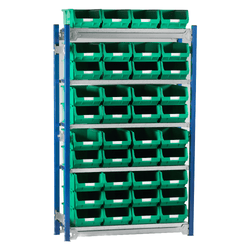 Standard Shelving Bay over a white background. Blue vertical pillars, grey horizontal shelves with 40 x TC4 Storage Bins in green sitting 4 across. The bottom shelf has bins stacked 3 tell, the 2nd, third and fourth shelves are 2 tall and the top shelf has a layer of single bins.