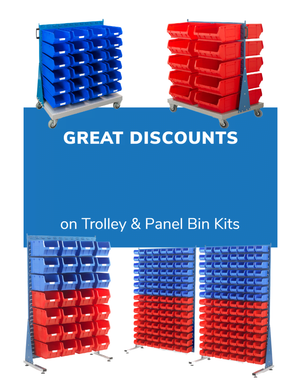 TC storage bin kits - great deals - trolley and free standing louvre panels, red and blue