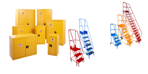 Warehouse Equipment including mobile safety steps and hazardous substance cupboards