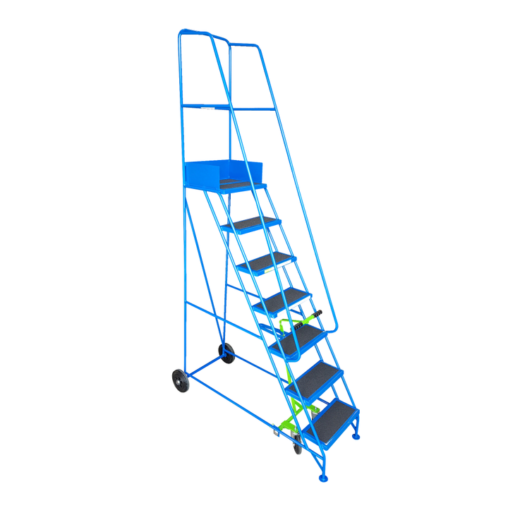 7 step mobile narrow aisle safety steps KNA07 in blue with metal tread