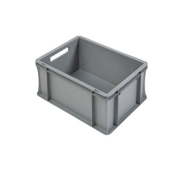 Grey plastic stackable euro storage container on a plain white background. 20 litre capacity. 400 x 300 x 220 mm. 
