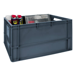Grey plastic stackable euro storage container on a plain white background. 60 litre capacity. 600 x 400 x 320 mm. 