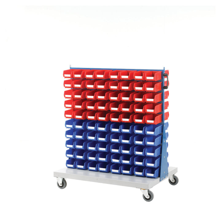 011505A Topstore Louvre Panel Trolley Bin Kit. Mobile Double Sided unit c/w 80x TC2 Red and 80x TC2 Blue storage bins.
